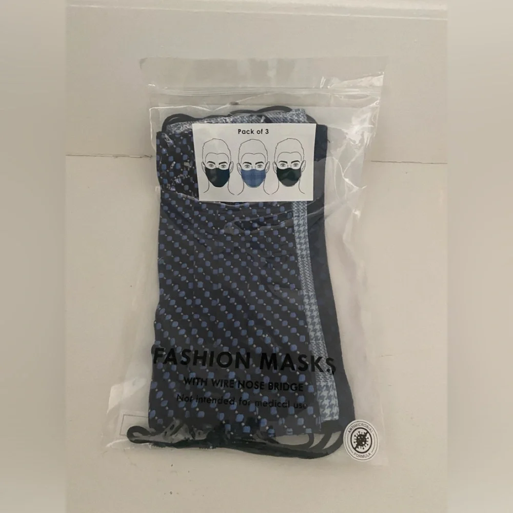3 NWT Mens Blue Patterned Face Masks Set